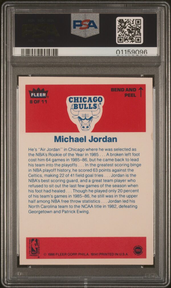 1986 FLEER STICKER MICHAEL JORDAN ROOKIE RC #8 PSA 8 NM-MT - Image 2