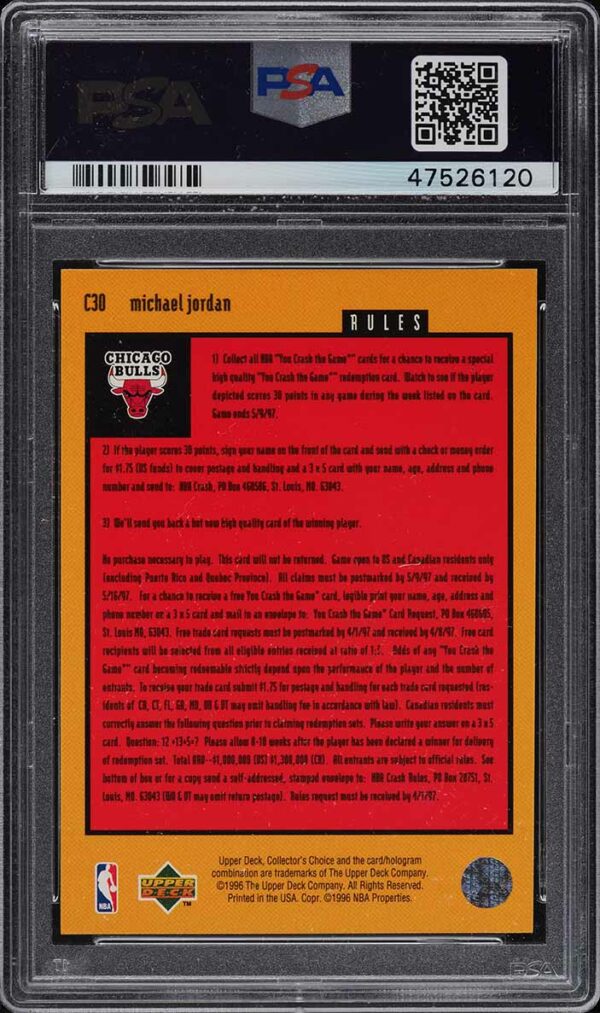 1996-97 COLLECTOR'S CHOICE CRASH THE GAME MICHAEL JORDAN #C30 PSA 9 MINT - Image 2