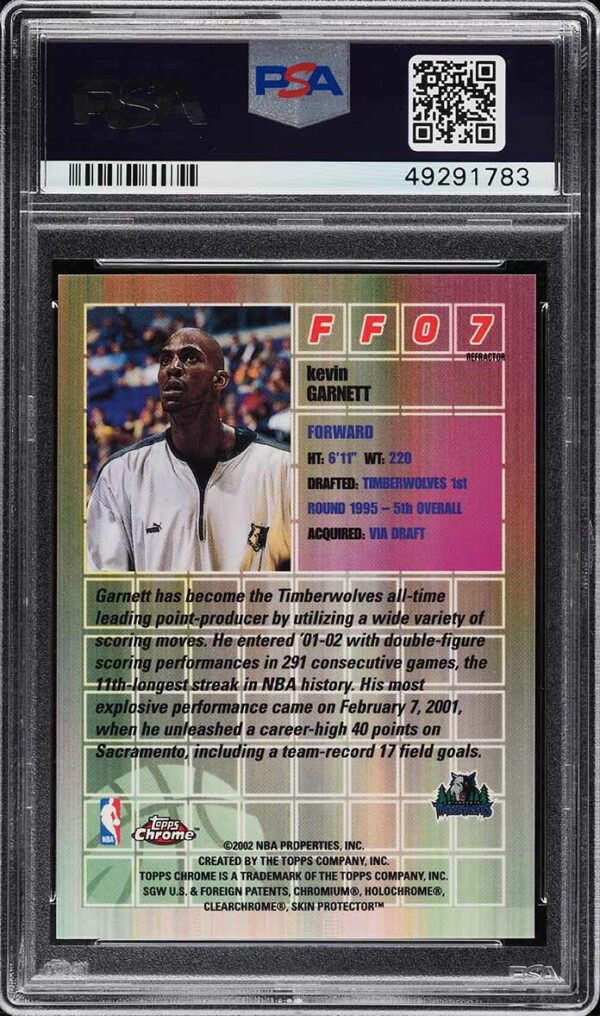 2001-02 TOPPS CHROME FAST & FURIOUS REFRACTOR KEVIN GARNETT #FF07 PSA 10 GEM MINT - Image 2