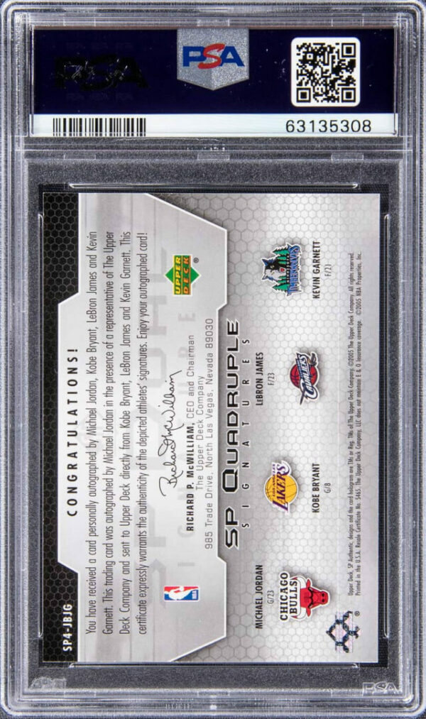 2004 SP Authentic Jordan/Bryant/James/Garnett Quadruple Signatures #SP4-JBJG /10 PSA 10 POP 1 - Image 2