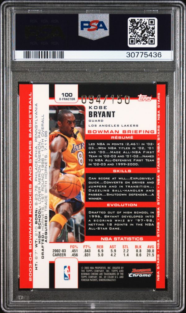 2003-04 BOWMAN CHROME ROOKIES & STARS XFRACTOR KOBE BRYANT /150 #100 PSA 10 GEM - Image 2
