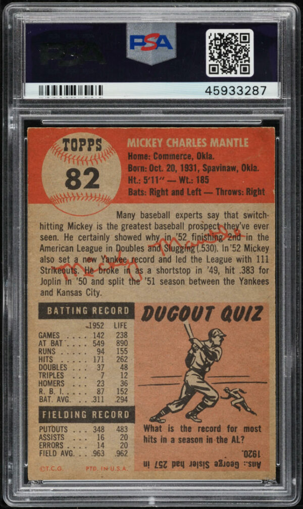 1953 TOPPS MICKEY MANTLE #82 PSA 4 VGEX - Image 2
