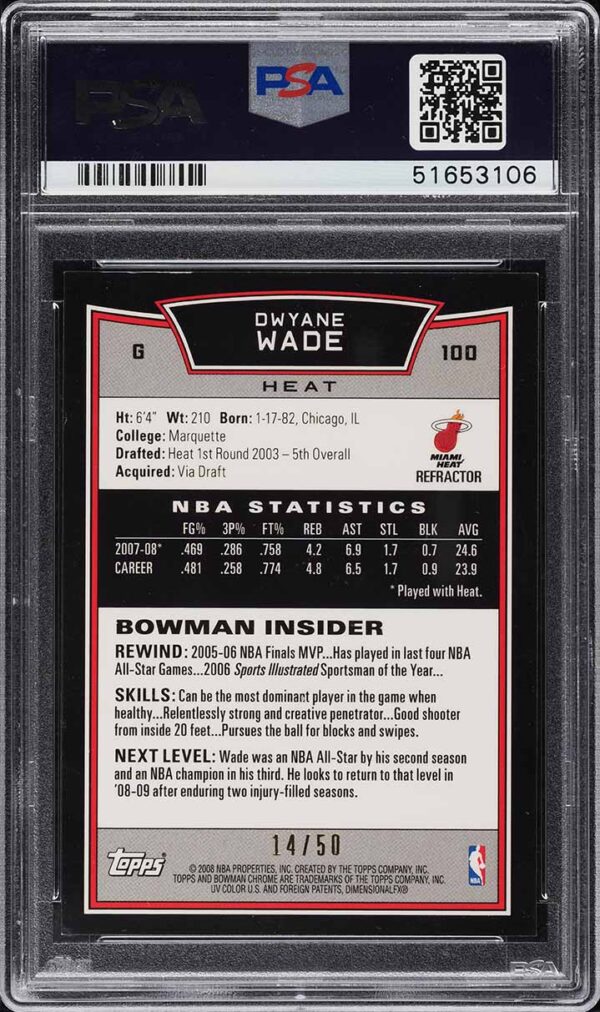 2008-09 BOWMAN CHROME GOLD REFRACTOR DWYANE WADE /50 #100 PSA 9 MINT - Image 2