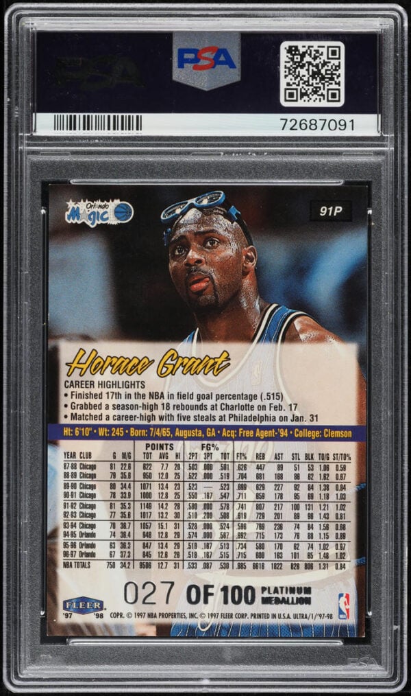 1997-98 ULTRA PLATINUM MEDALLION HORACE GRANT /100 #91P PSA 8 NM-MT - Image 2