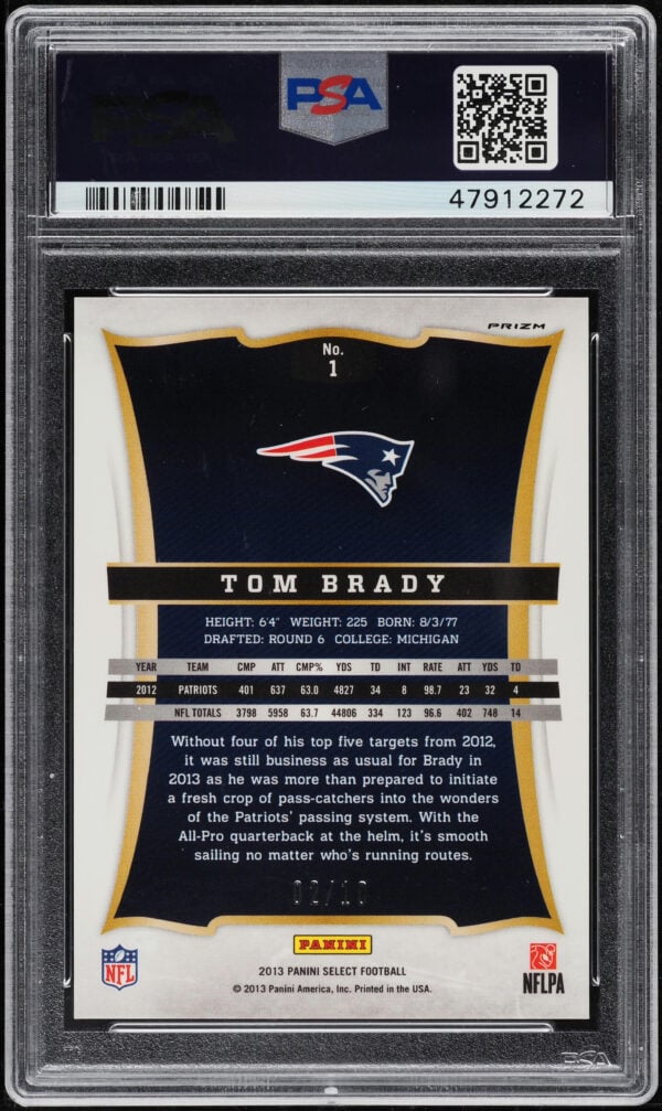 2013 SELECT GOLD PRIZM TOM BRADY /10 #1 PSA 10 GEM MINT POP 1 - Image 2