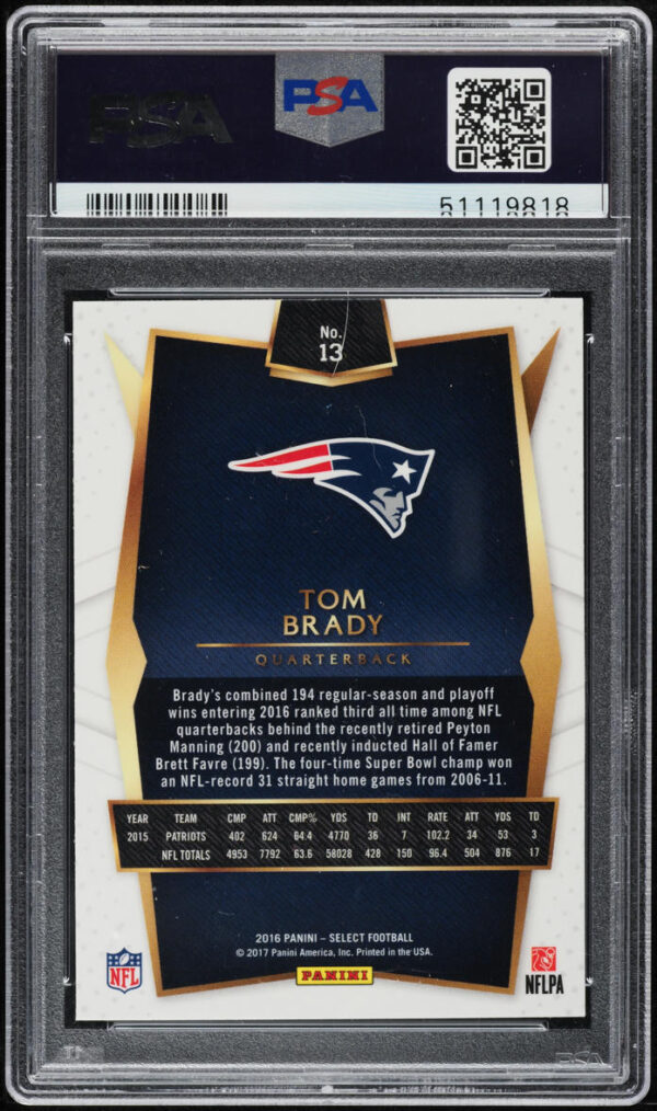 2016 SELECT SILVER PRIZM TOM BRADY #13 PSA 10 GEM MINT - Image 2
