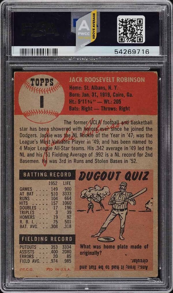 1953 TOPPS JACKIE ROBINSON #1 PSA 4 - Image 2