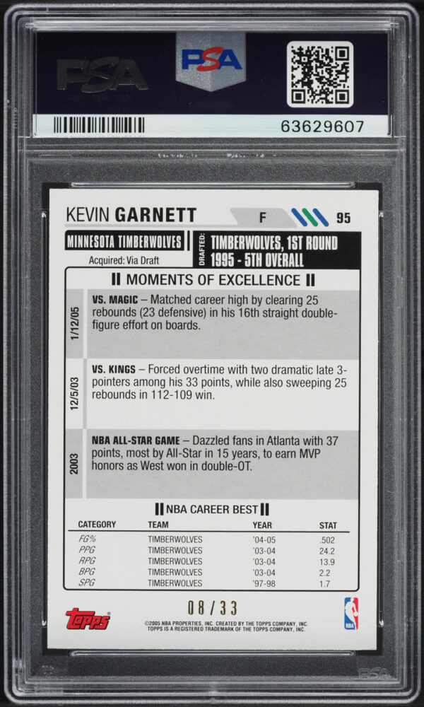 2005 TOPPS BIG GAME BLUE KEVIN GARNETT /33 #95 PSA 9 MINT - Image 2