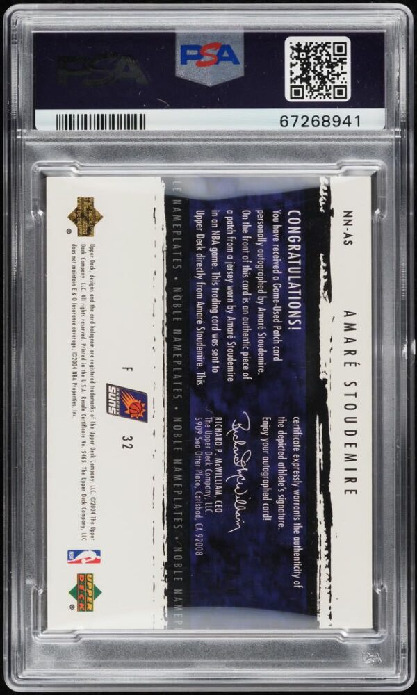 2003-04 EXQUISITE COLLECTION NOBLE NAMEPLATE AMARE STOUDEMIRE PATCH AUTO /25 PSA 10 - Image 2