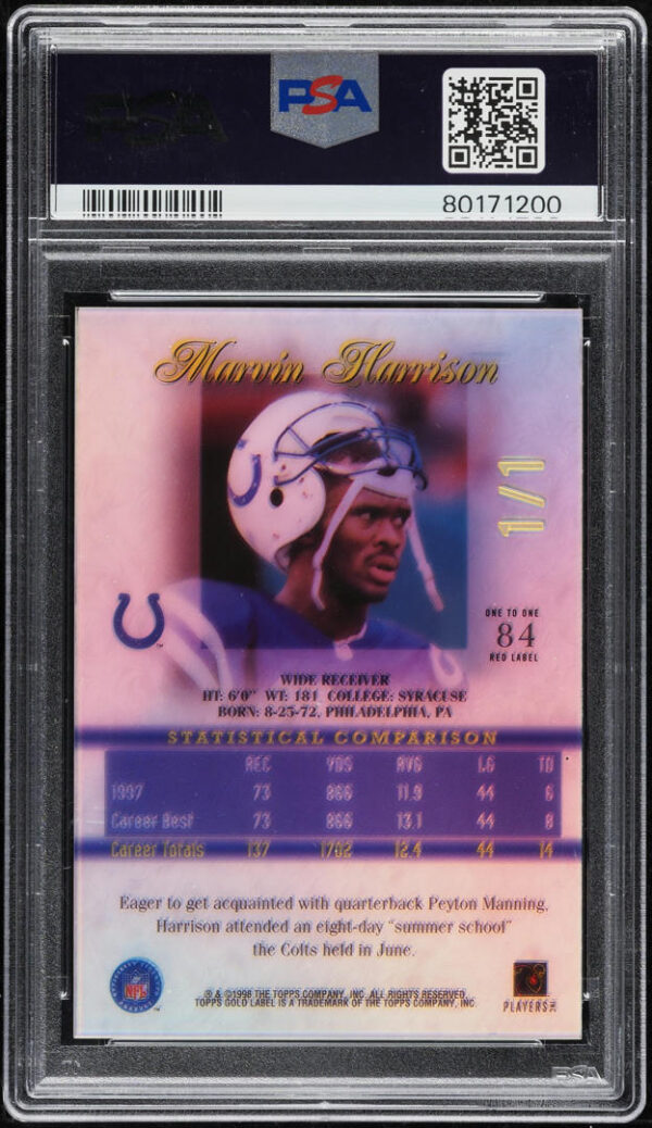 1998 TOPPS GOLD LABEL CLASS 1 RED MARVIN HARRISON 1/1 #84 PSA 8 NM-MT - Image 2