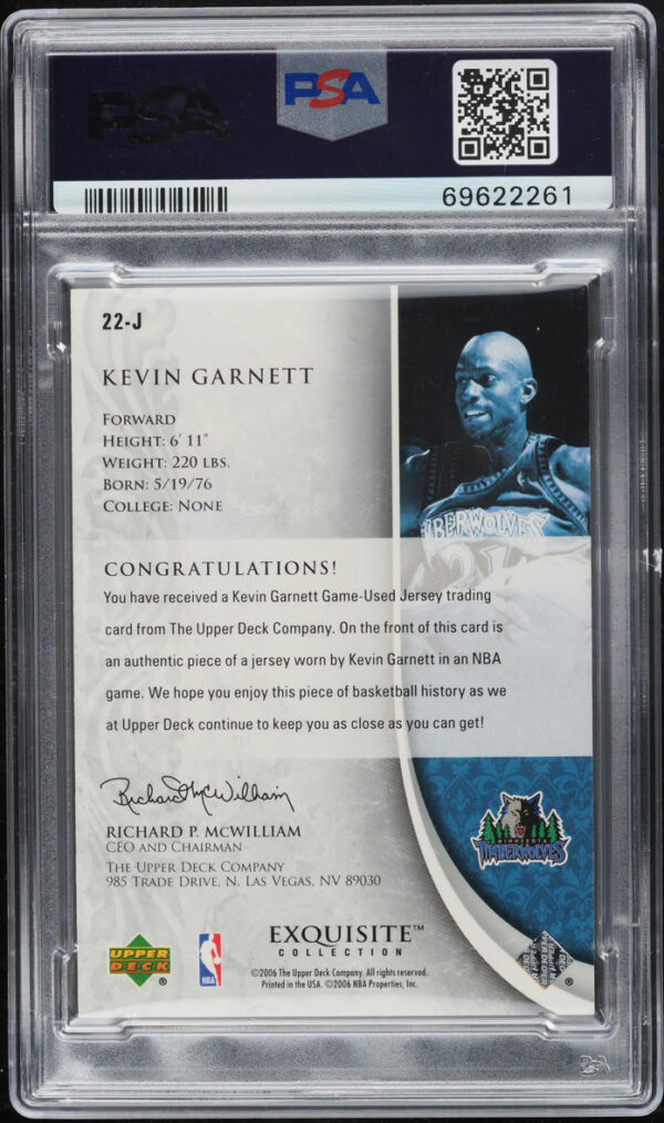2005-06 UD EXQUISITE COLLECTION JERSEY KEVIN GARNETT #22-J PSA 9 MINT - Image 2