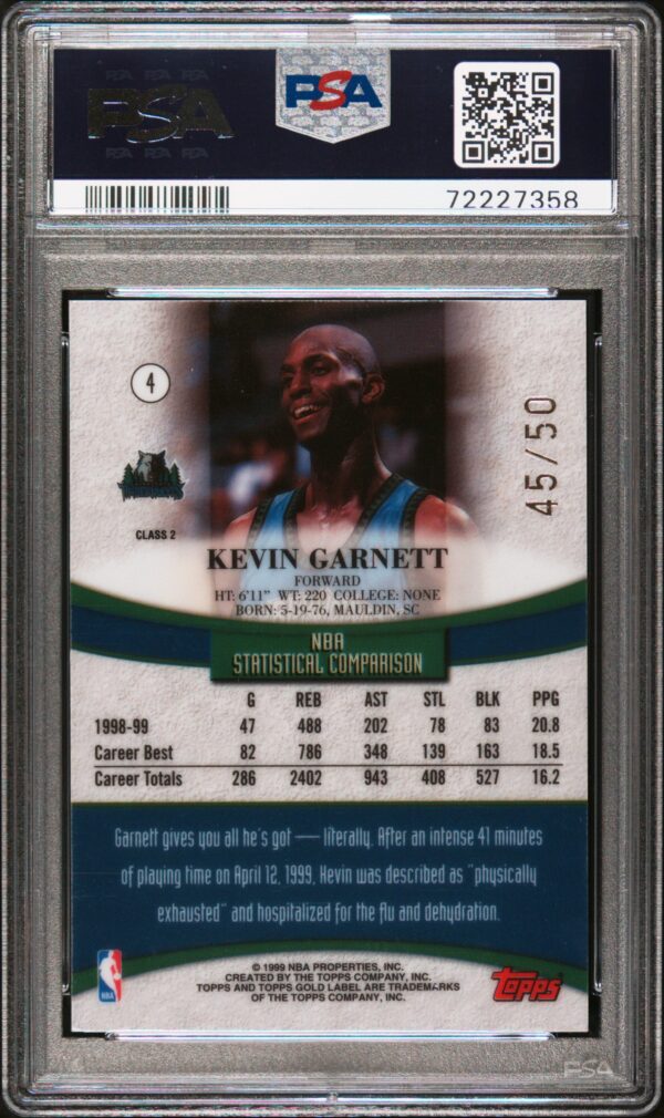 1999-00 Topps Gold Label Red Label Kevin Garnett #4 /50 PSA 9 Mint - Image 2