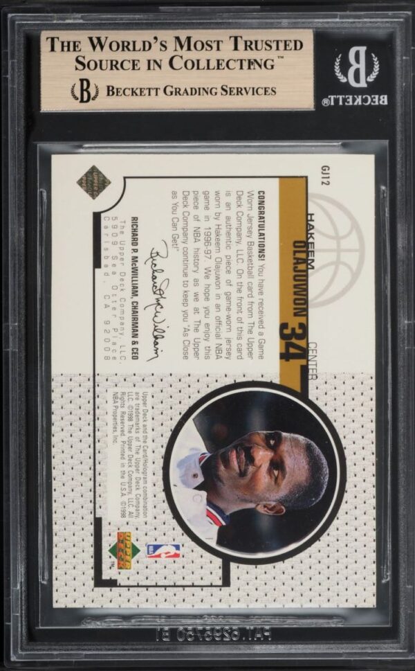 1998-99 UPPER DECK GAME JERSEYS HAKEEM OLAJUWON PATCH #GJ12 BGS 9.5 GEM MINT - Image 2