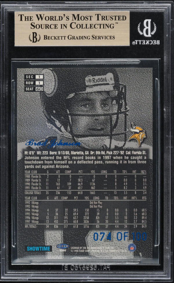 1998 FLAIR SHOWCASE LEGACY COLLECTION ROW 1 BRAD JOHNSON /100 #60 BGS 9.5 GEM MINT - Image 2