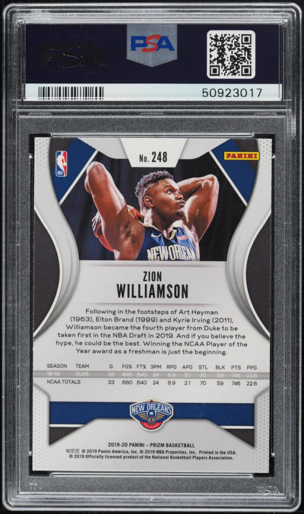 2019-20 PANINI PRIZM ZION WILLIAMSON ROOKIE #248 PSA 10 GEM MINT - Image 2