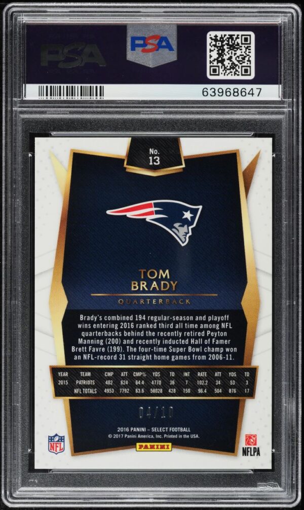 2016 SELECT GOLD PRIZM TOM BRADY /10 #13 PSA 10 GEM MINT - Image 2