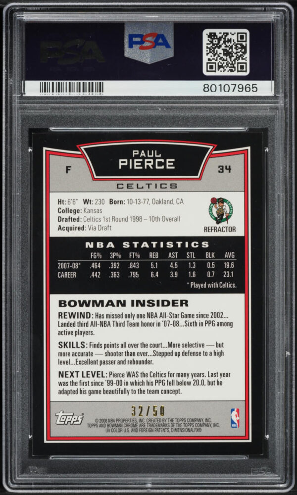2008-09 BOWMAN CHROME GOLD REFRACTOR PAUL PIERCE /50 #34 PSA 9 MINT - Image 2