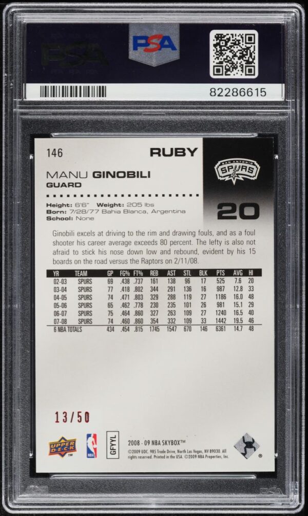 2008-09 SKYBOX RUBY MANU GINOBILI /50 #146 PSA 9 MINT - Image 2