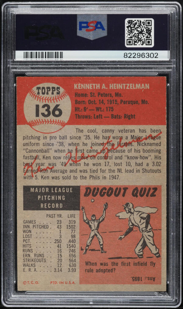 1953 TOPPS KEN HEINTZELMAN #136 PSA 7 NRMT - Image 2