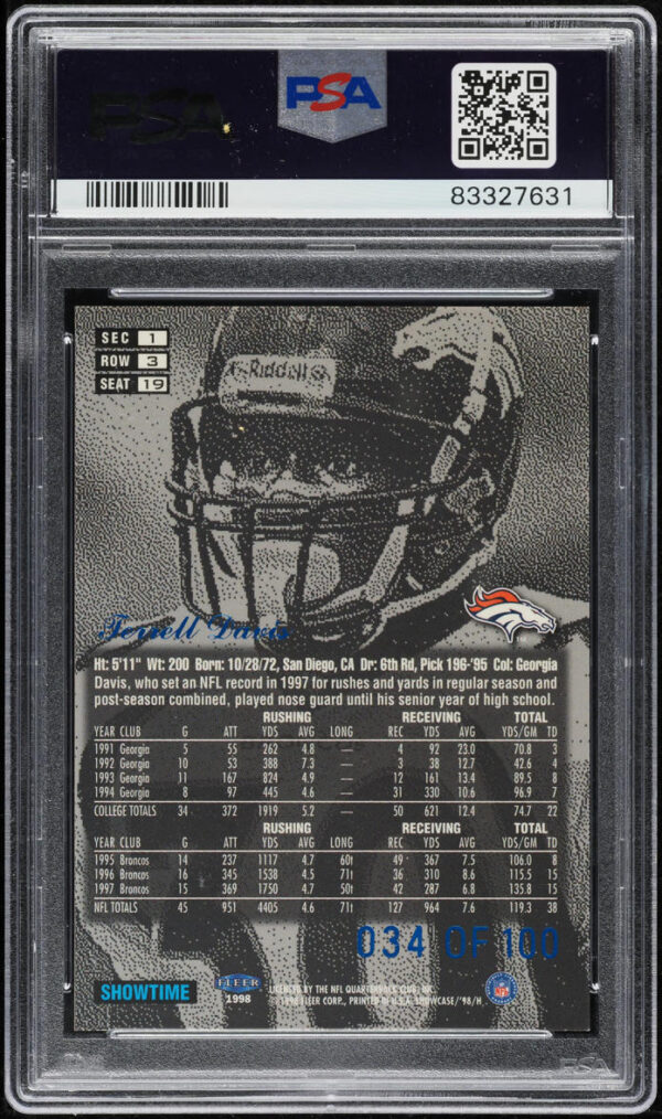 1998 FLAIR SHOWCASE LEGACY COLLECTION ROW 3 TERRELL DAVIS /100 #19 PSA 8 NM-MT - Image 2
