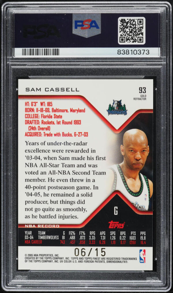 2004-05 FINEST GOLD REFRACTOR SAM CASSELL /15 #93 PSA 10 GEM MINT - Image 2