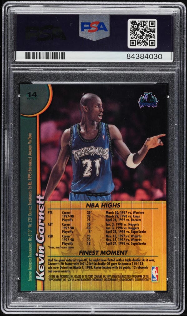 1998-99 FINEST NON-PROTECTED REFRACTOR KEVIN GARNETT #14 PSA 10 GEM MINT - Image 2