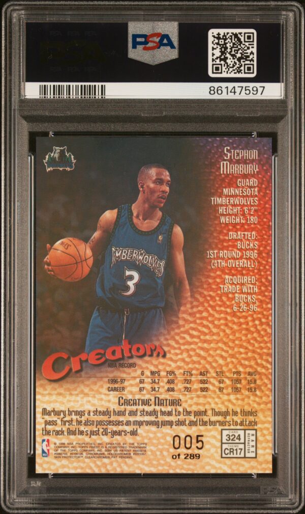 1997-98 FINEST STEPHON MARBURY REFRACTOR W/COATING /289 #324 PSA 9 MINT - Image 2