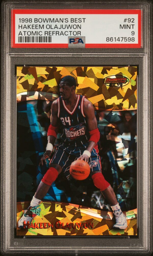 1998-99 BOWMAN'S BEST HAKEEM OLAJUWON ATOMIC REFRACTOR /100 #92 PSA 9 MINT