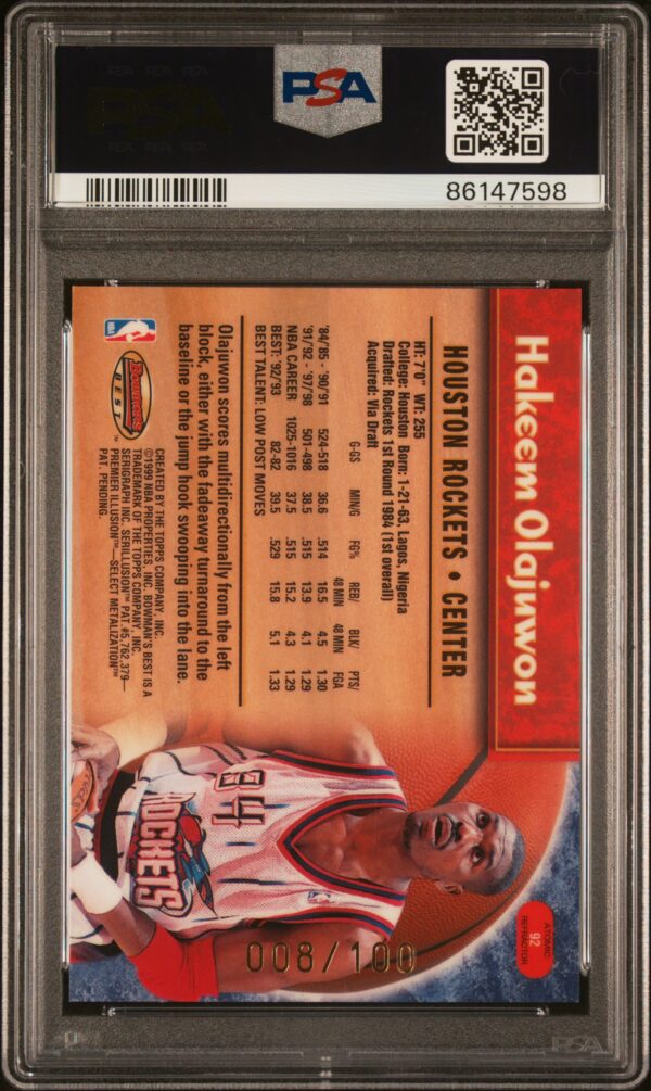 1998-99 BOWMAN'S BEST HAKEEM OLAJUWON ATOMIC REFRACTOR /100 #92 PSA 9 MINT - Image 2