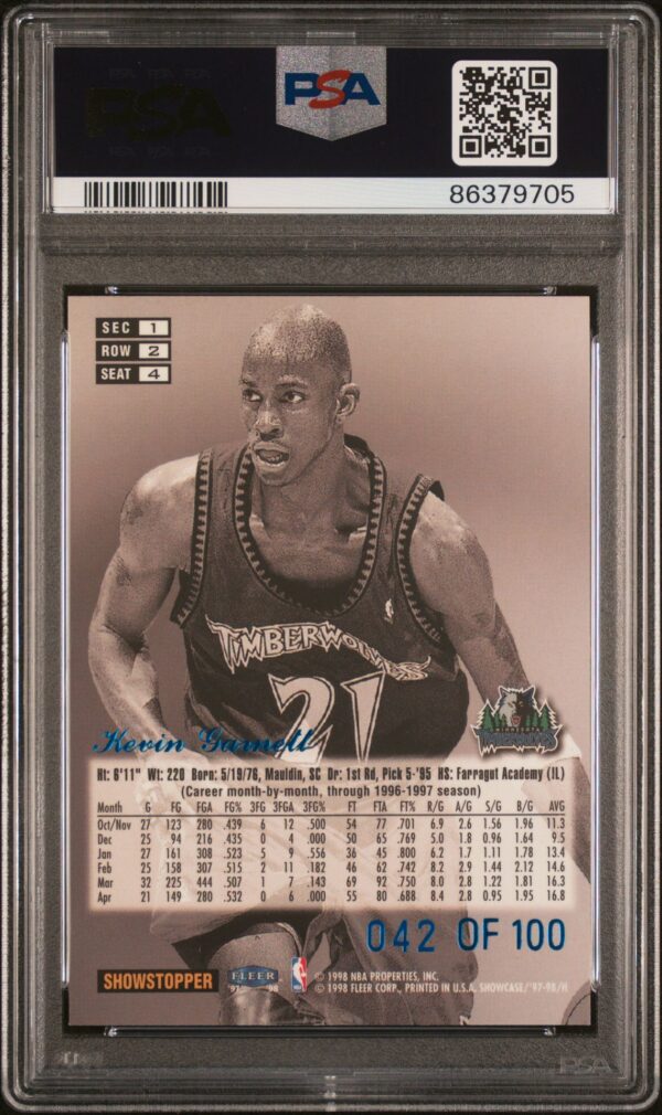 1997-98 FLAIR SHOWCASE LEGACY COLLECTION ROW 2 /100 KEVIN GARNETT #4 PSA 8 - Image 2