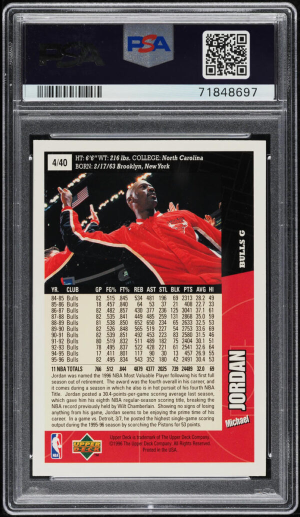 1996-97 COLLECTOR'S CHOICE SLAM DUNK SERIES MICHAEL JORDAN SLAM DUNK SERIES #4 PSA 10 GEM MINT - Image 2