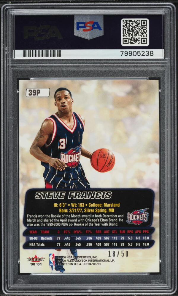 2000-01 ULTRA PLATINUM MEDALLION STEVE FRANCIS /50 #39P PSA 9 MINT - Image 2