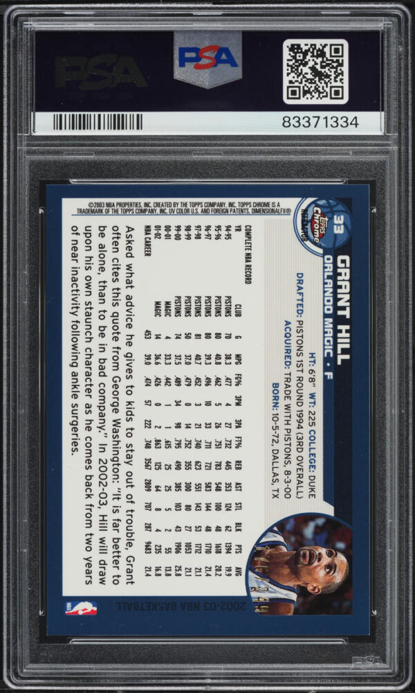 2002-03 TOPPS CHROME WHITE REFRACTOR GRANT HILL /249 #33 PSA 10 GEM MINT - Image 2