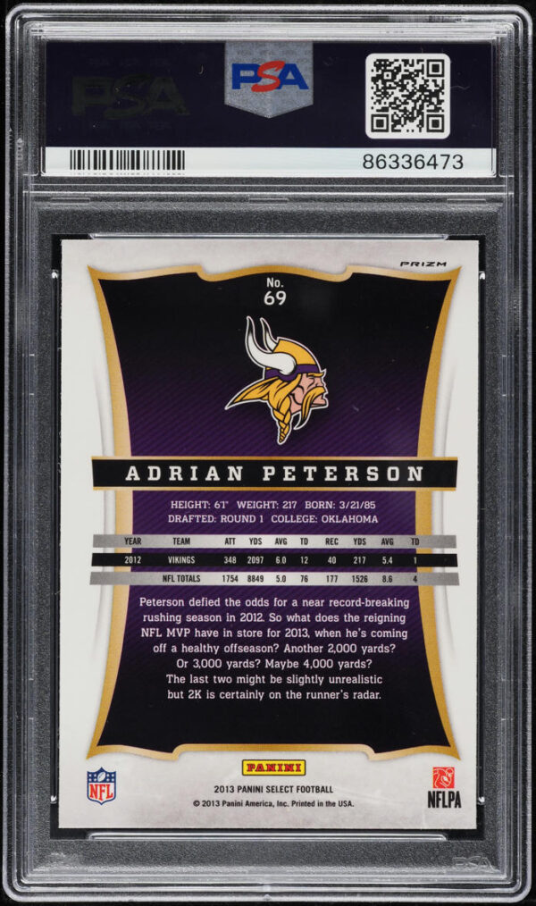 2013 SELECT SILVER PRIZM ADRIAN PETERSON #69 PSA 10 GEM MINT - Image 2