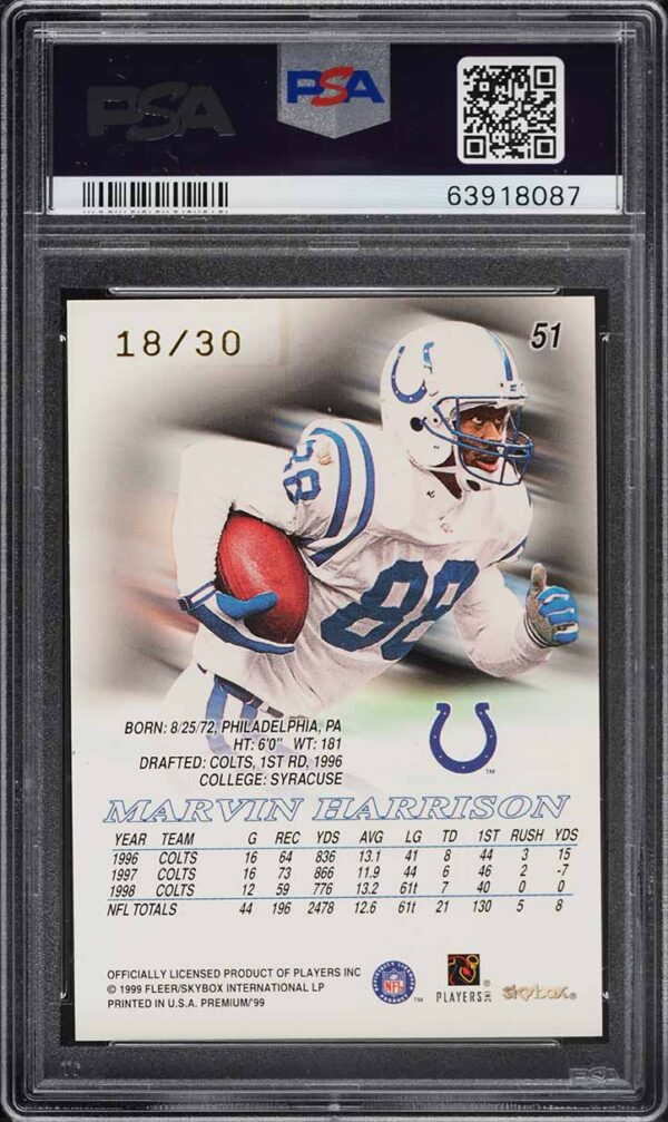 1999 SKYBOX PREMIUM STAR RUBIES MARVIN HARRISON /30 #51 PSA 8 NM-MT - Image 2