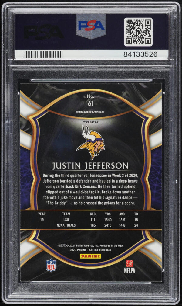 2020 SELECT CONCOURSE SILVER PRIZM JUSTIN JEFFERSON ROOKIE #61 PSA 10 GEM MINT - Image 2