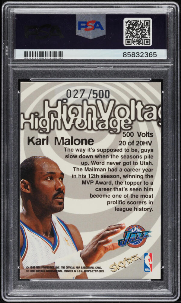 1997-98 HOOPS HIGH VOLTAGE 500 KARL MALONE /500 #20 PSA 8 NM-MT - Image 2