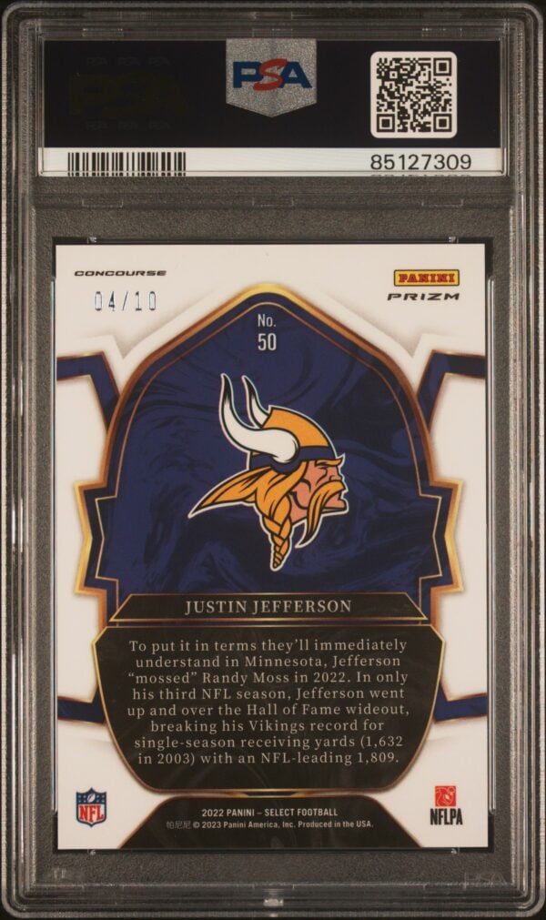 2022 PANINI SELECT JUSTIN JEFFERSON GOLD PRIZM /10 #50 PSA 9 MINT - Image 2
