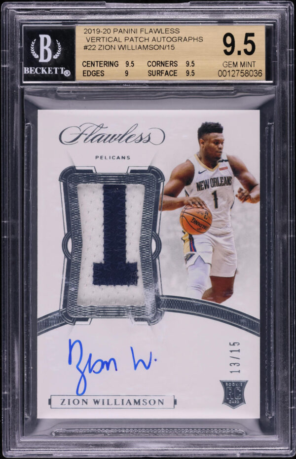 2019-20 PANINI FLAWLESS ZION WILLIAMSON ROOKIE PATCH AUTO /15 #VP-ZWL BGS 9.5 GEM