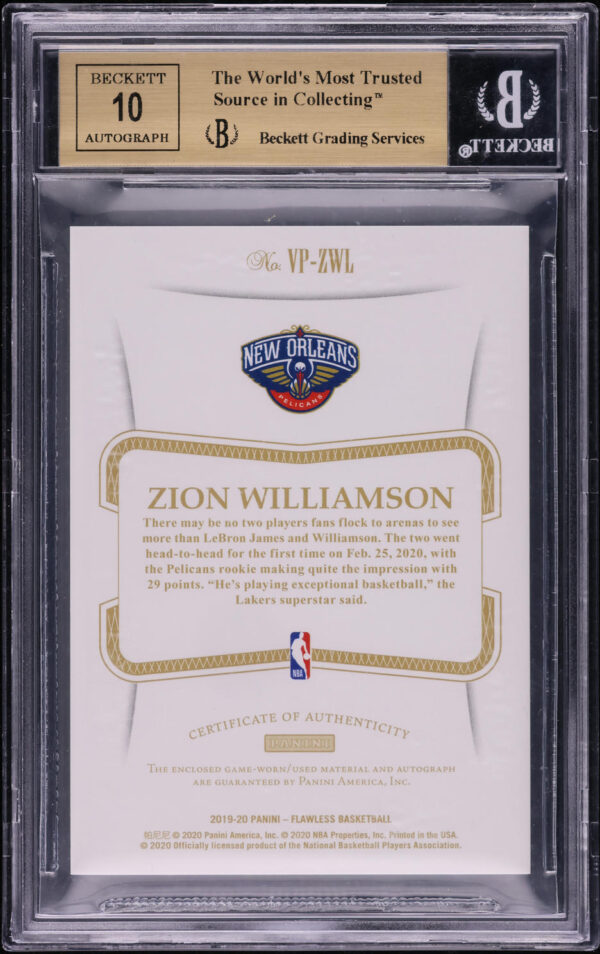 2019-20 PANINI FLAWLESS ZION WILLIAMSON ROOKIE PATCH AUTO /15 #VP-ZWL BGS 9.5 GEM - Image 2