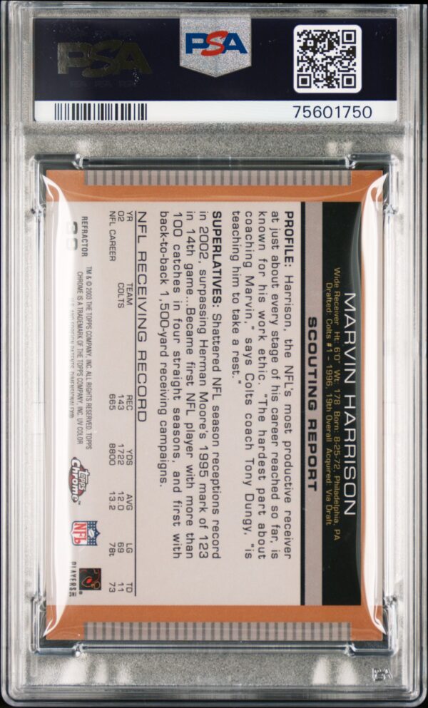 2003 Topps Chrome Draft Picks Gold Refractor Marvin Harrison #39 PSA 10 Gem Mint - Image 2