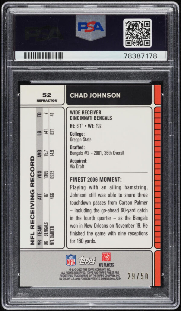 2007 Finest Gold Refractor Chad Johnson /50 #52 PSA 10 GEM MINT - Image 2