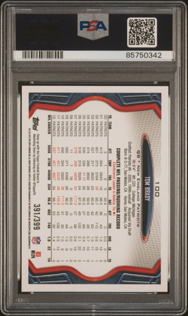 2013 Topps White Jersey Camo Tom Brady /399 #100 PSA 10 Gem Mint - Image 2