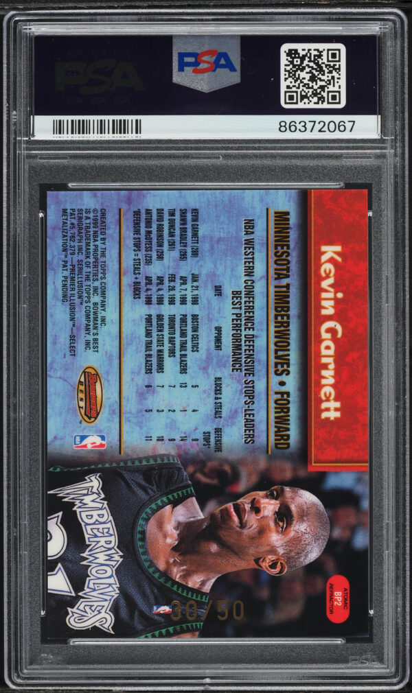 1998-99 Bowman's Best Performers Atomic Refractor Kevin Garnett /50 #BP2 PSA 10 Gem Mint - Image 2