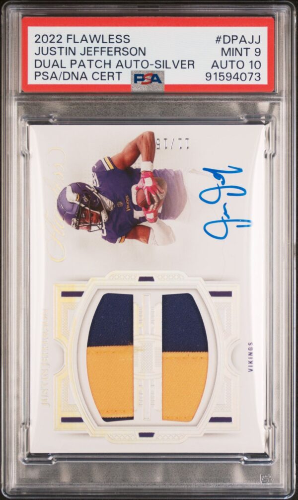 2022 PANINI FLAWLESS DUAL PATCH AUTOGRAPHS JUSTIN JEFFERSON SILVER /15 #DPAJJ PSA 9 / DNA 10