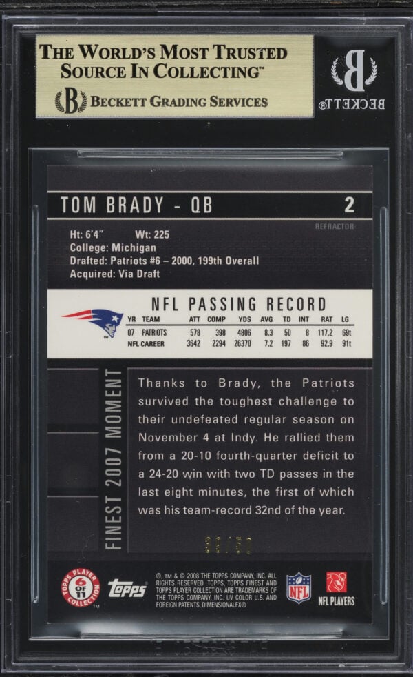2008 Finest Gold Refractor Tom Brady /50 #2 BGS 9.5 GEM MINT - Image 2