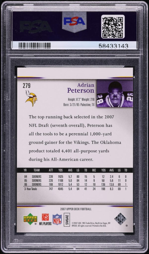 2007 Upper Deck Gold Predictor Adrian Peterson #279 PSA 10 Auto 10 - Image 2