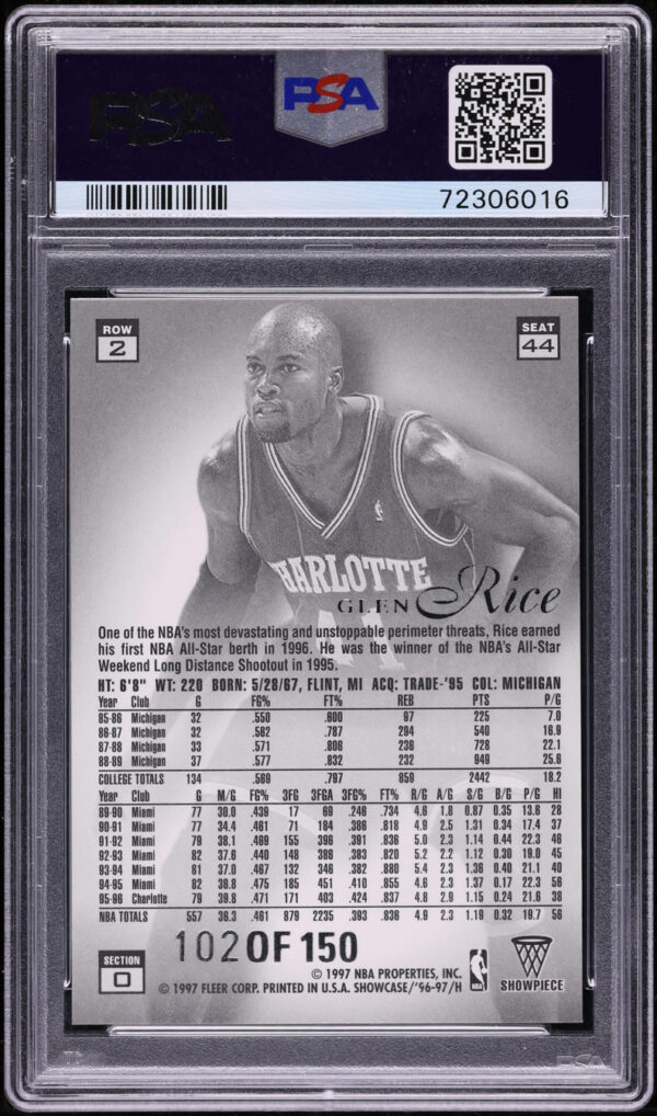 1996 Flair Showcase Legacy Collection Row 2 Glen Rice /150 #44 PSA 8 NM-MT - Image 2