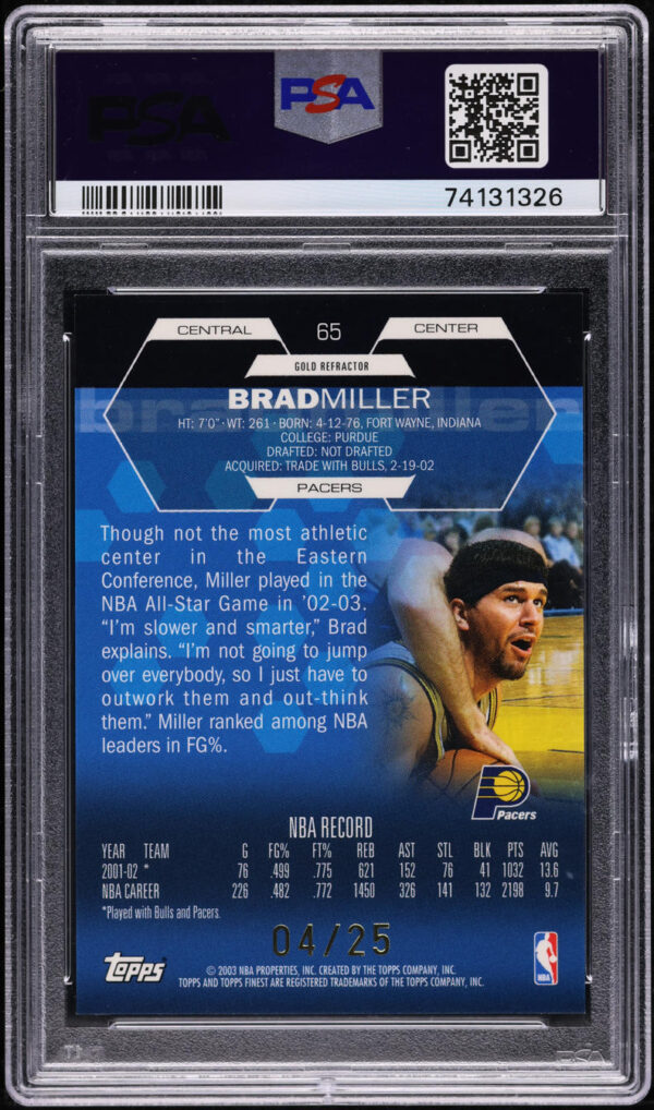 2002 Finest Gold Refractor Brad Miller /25 #65 PSA 10 GEM MINT - Image 2