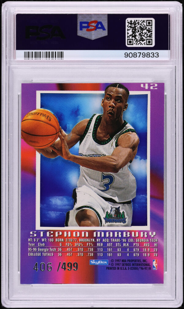 1996 Skybox E-X2000 Credentials Stephon Marbury ROOKIE /499 #42 PSA 8 NM-MT - Image 2